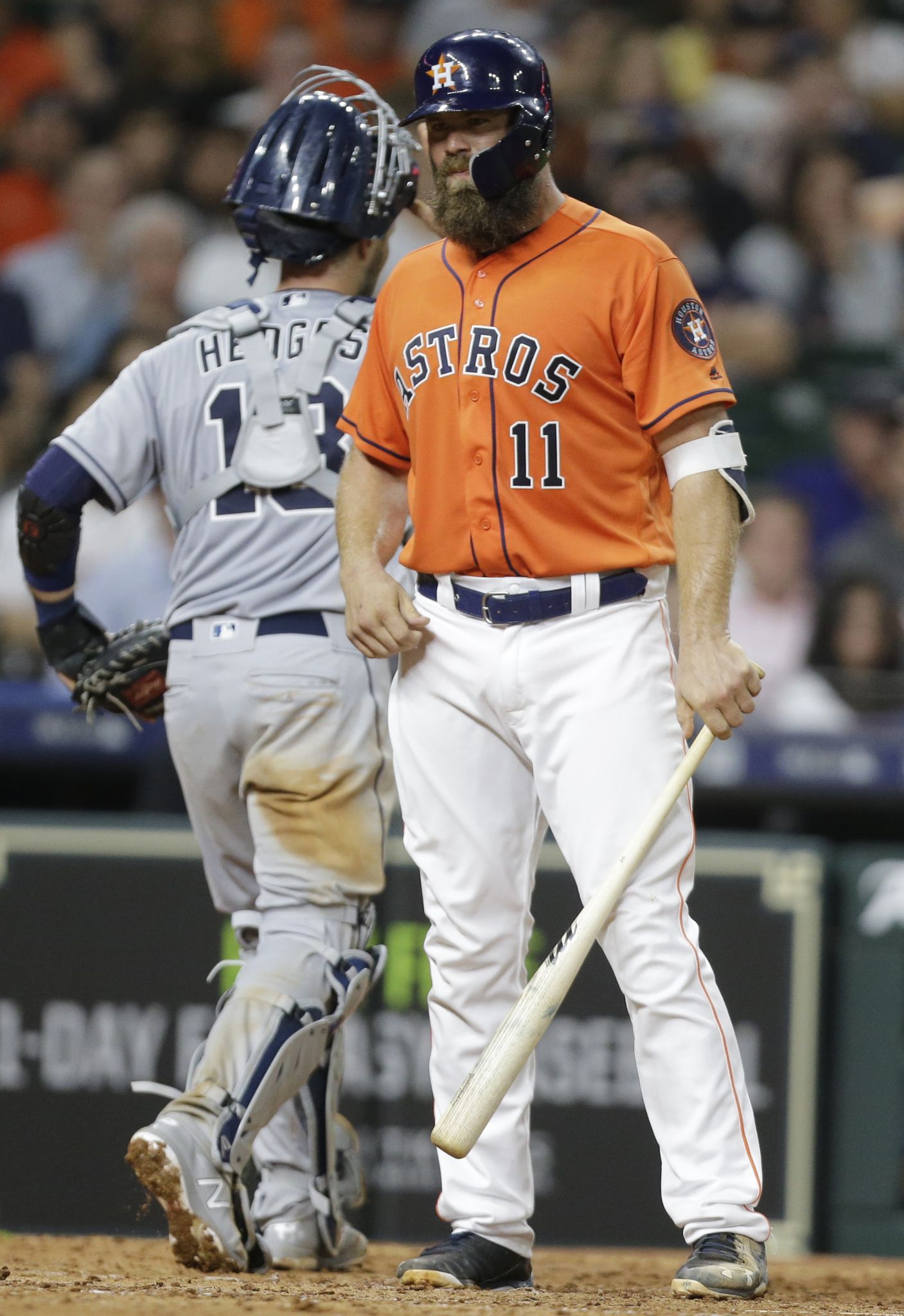 San Diego Padres' Carlos Asuaje reacts after striking out on a