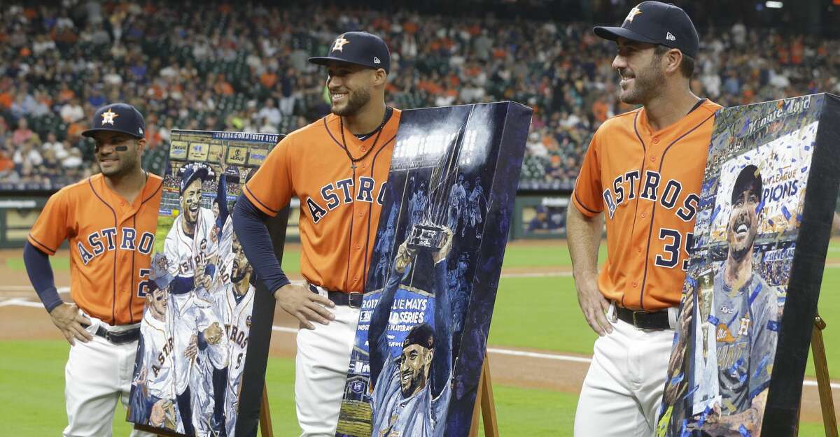 World Series MVP Houston Astros George Springer holds his trophy