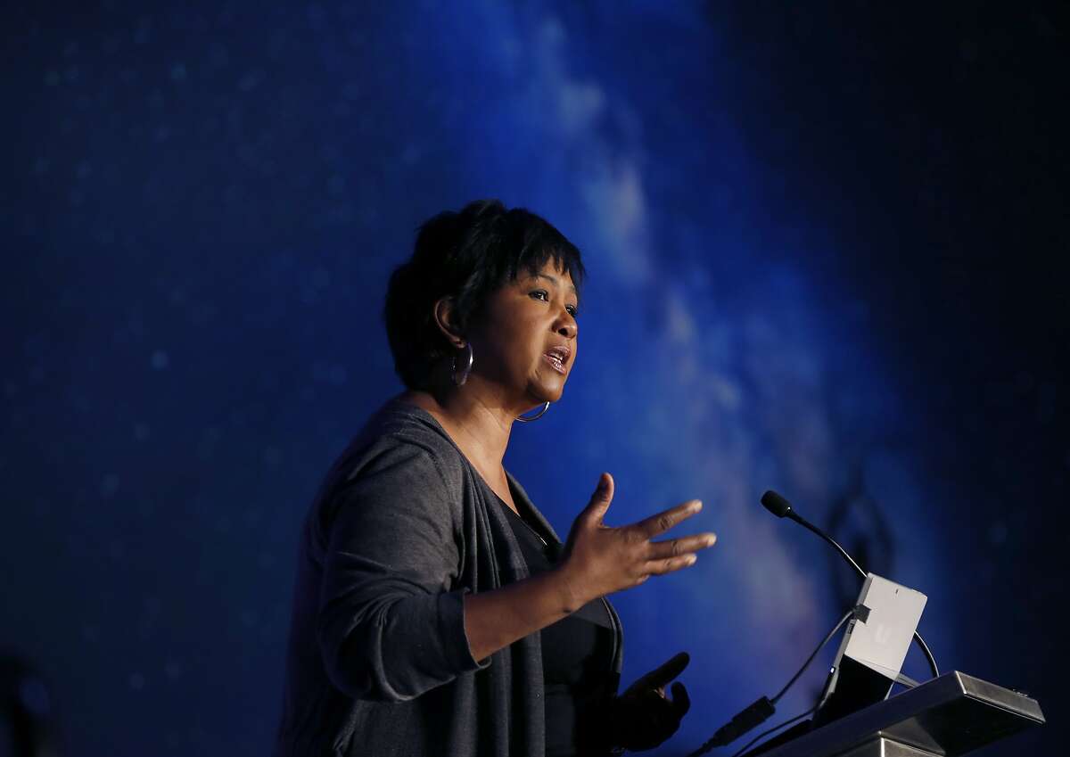 NASA astrounaut Dr. Mae Jemison delivers a keynote speech at the Silicon Valley Comic Con in San Jose, Calif. on Saturday, April 7, 2018.
