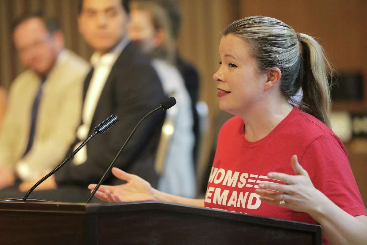 Elizabeth Graham with Mom's Demand Action in Houston, addresses attendees before a candidate forum on gun violence at Rice University sponsored by March For Our Lives on Saturday, April 7, 2018, in Houston. ( Elizabeth Conley / Houston Chronicle )
