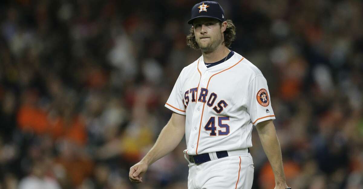 Houston Astros pitcher Gerrit Cole walks to the dugout after the second inning against the San Diego Padres at Minute Maid Park Saturday, April 7, 2018, in Houston. ( Melissa Phillip / Houston Chronicle )