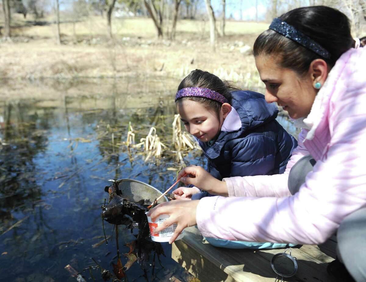 Sophie O'Brien, 8, and her mother, Safia O'Brien, of North White Plains, N.Y., look for pond critters during the Members' Pancake Breakfast and Pond Hike at Audubon Greenwich in Greenwich, Conn. Sunday, April 8, 2018. Audubon members new and old celebrated the start of spring with a pancake breakfast cooked by members of the Teen Board, music, crafts, and an ecology hike through the woods.
