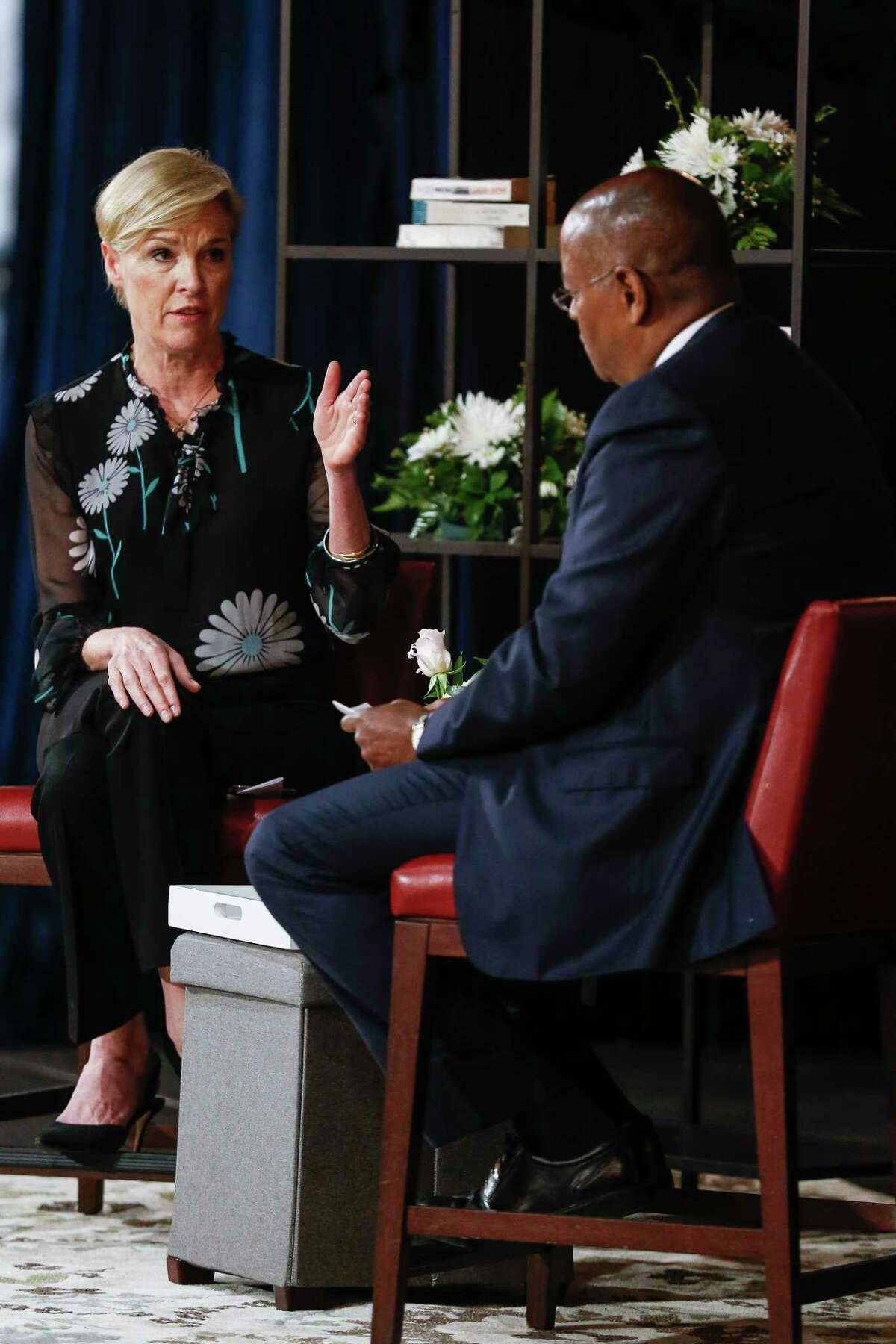 President of Planned Parenthood Cecile Richards, left, talks about her new book, “Make Trouble: Standing Up, Speaking Out, and Finding the Courage to Lead - My Life Story” with Commissioner Rodney Ellis at a Brazos Bookstore event Sunday, April 8, 2018 in Houston.