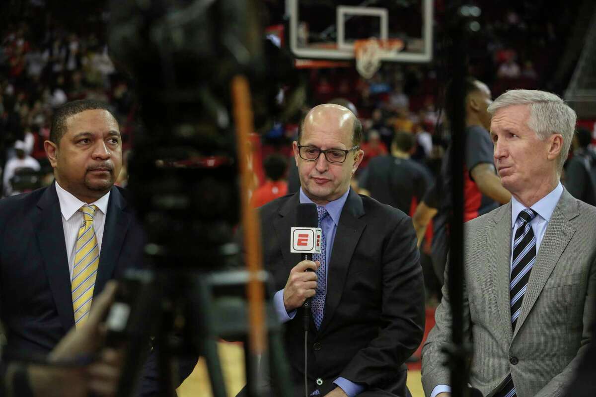 Jeff Van Gundy, center, will call Game 3 of the Rockets/Warriors series with Mike Breen, right, and Mark Jackson. Van Gundy is among those not ready to throw in the towel on the Rockets despite their 2-0 series deficit.