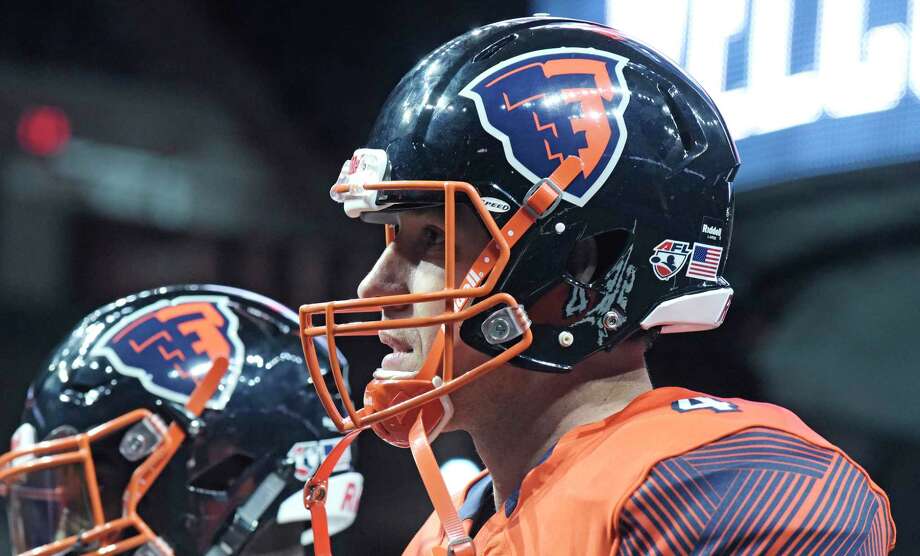 Quarterback, Tommy Grady models one of the uniforms the team will wear during the season, during media day for the Albany Empire, a new Arena Football League team, on Monday, April 9, 2018, at the Times Union Center, in Albany, N.Y. (Paul Buckowski/Times Union) Photo: PAUL BUCKOWSKI, Albany Times Union / (Paul Buckowski/Times Union)