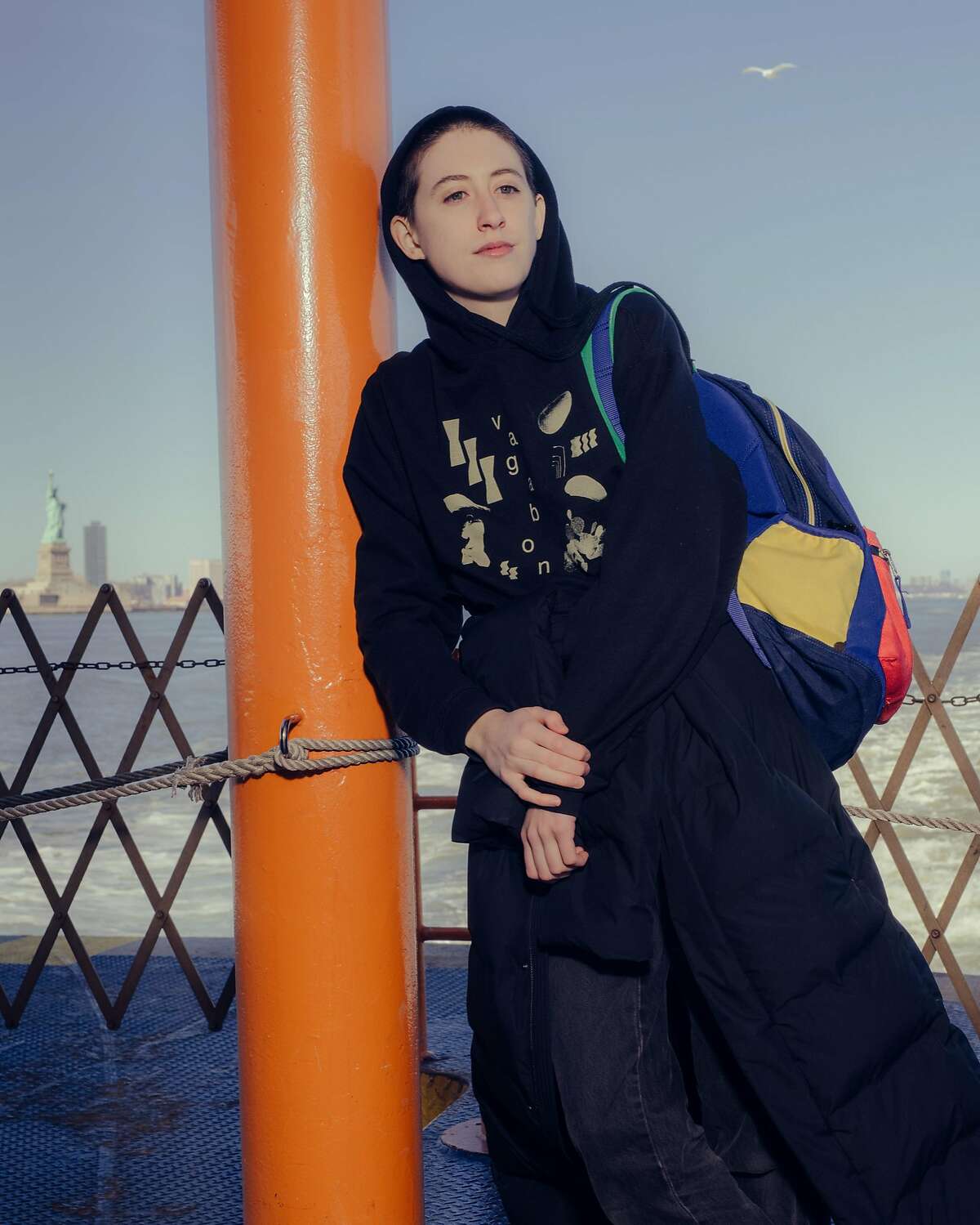 Greta Kline of Frankie Cosmos on the Staten Island Ferry in New York, March 19, 2018. Kline has been cutting a path for fiercely independent singer-songwriters for almost a decade, and her band�s new album, �Vessel,� has gotten a heavier promotional push than usual. (Caroline Tompkins/The New York Times)