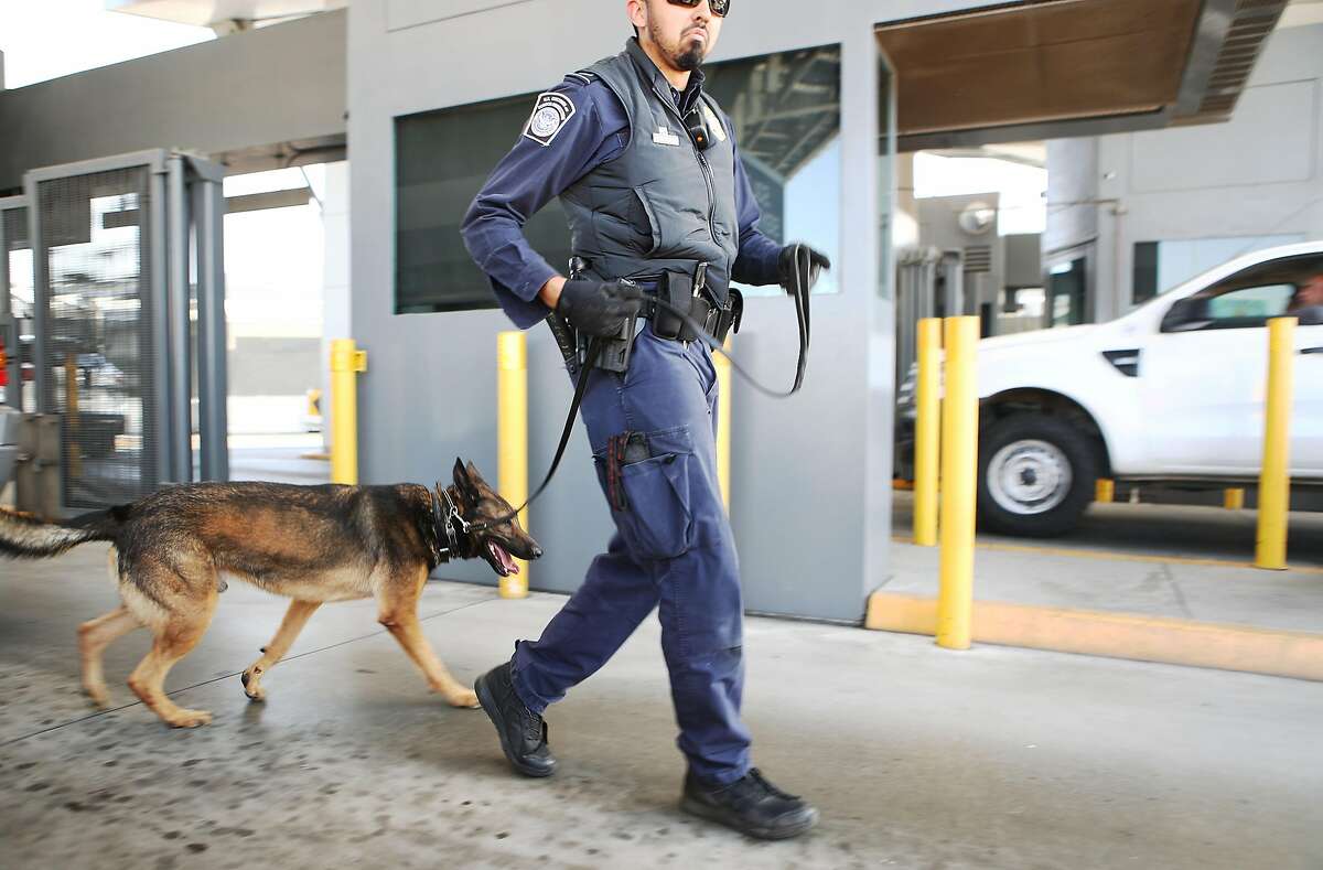 SAN YSIDRO, CA - APRIL 09: A Customs and Border Protection officer with canine walks to inspect vehicles entering the United States at the San Ysidro port of entry on April 9, 2018 in San Ysidro, California. President Trump has issued a decree for the National Guard to guard the 3,200 kilometer border between the United States and Mexico. (Photo by Mario Tama/Getty Images)