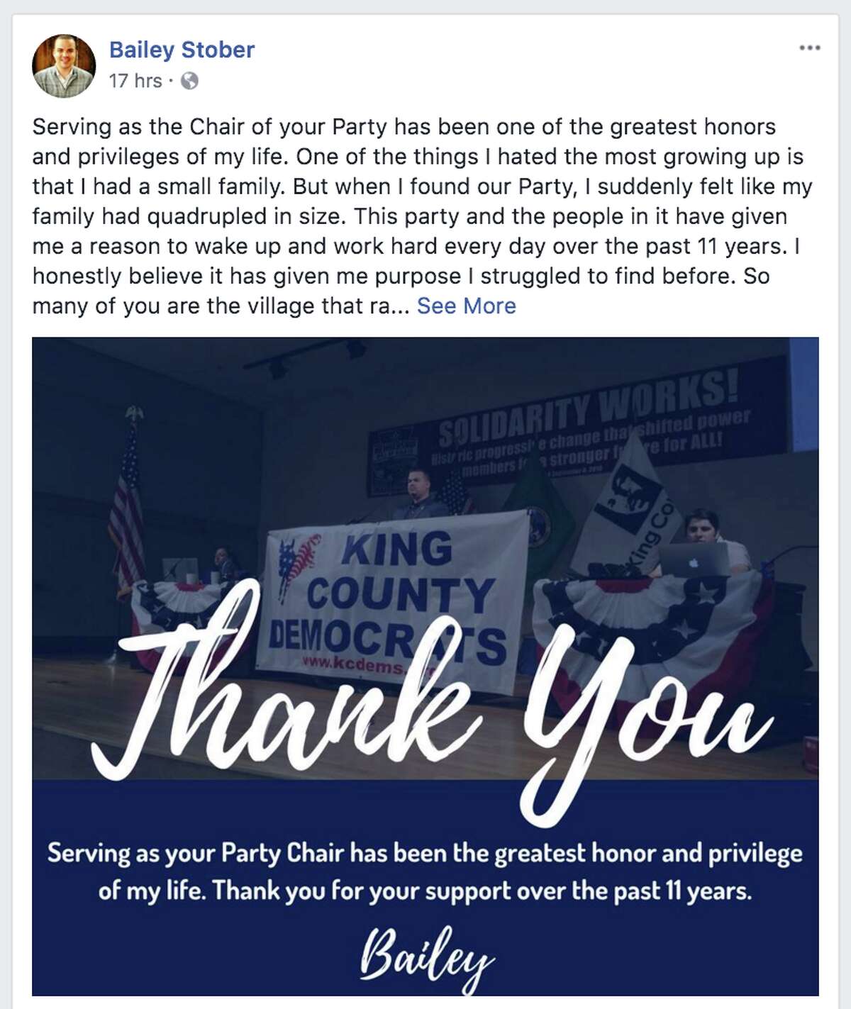Bailey Stober wrote a lengthy Facebook post apologizing for his conduct as King County Democrats chair..