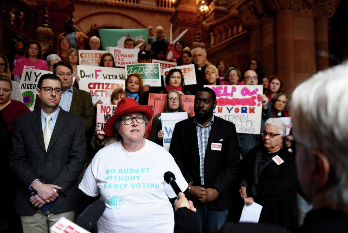 Susan Lerner, executive director of Common Cause speaks during a budget rally on Wednesday, March 28, 2018, at the Capitol in Albany, N.Y. Advocates from Citizen Action, Common Cause, Coalition to Pass the Child Victims Act, Fiscal Policy Institute, New York Civil Liberties Union, Planned Parenthood Empire State Acts, New York State Council of Churches, and other groups, gathered for a joint rally in support of various items tied to the state budget. (Will Waldron/Times Union)