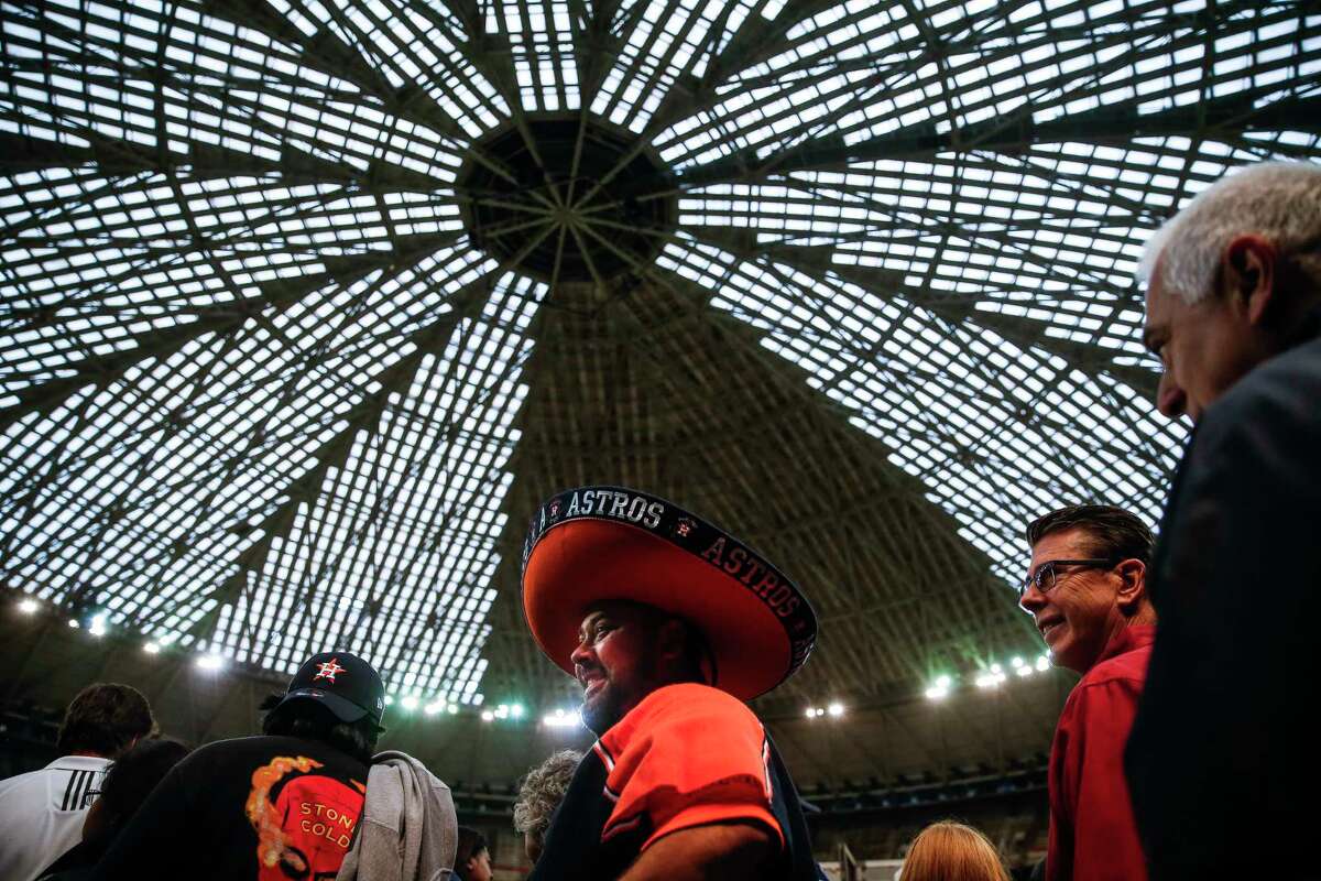 Eduardo Jasso wears his Astros sombrero during Domecoming, an event celebrating the 53rd anniversary of the Astrodome, Monday, April 9, 2018 in Houston.