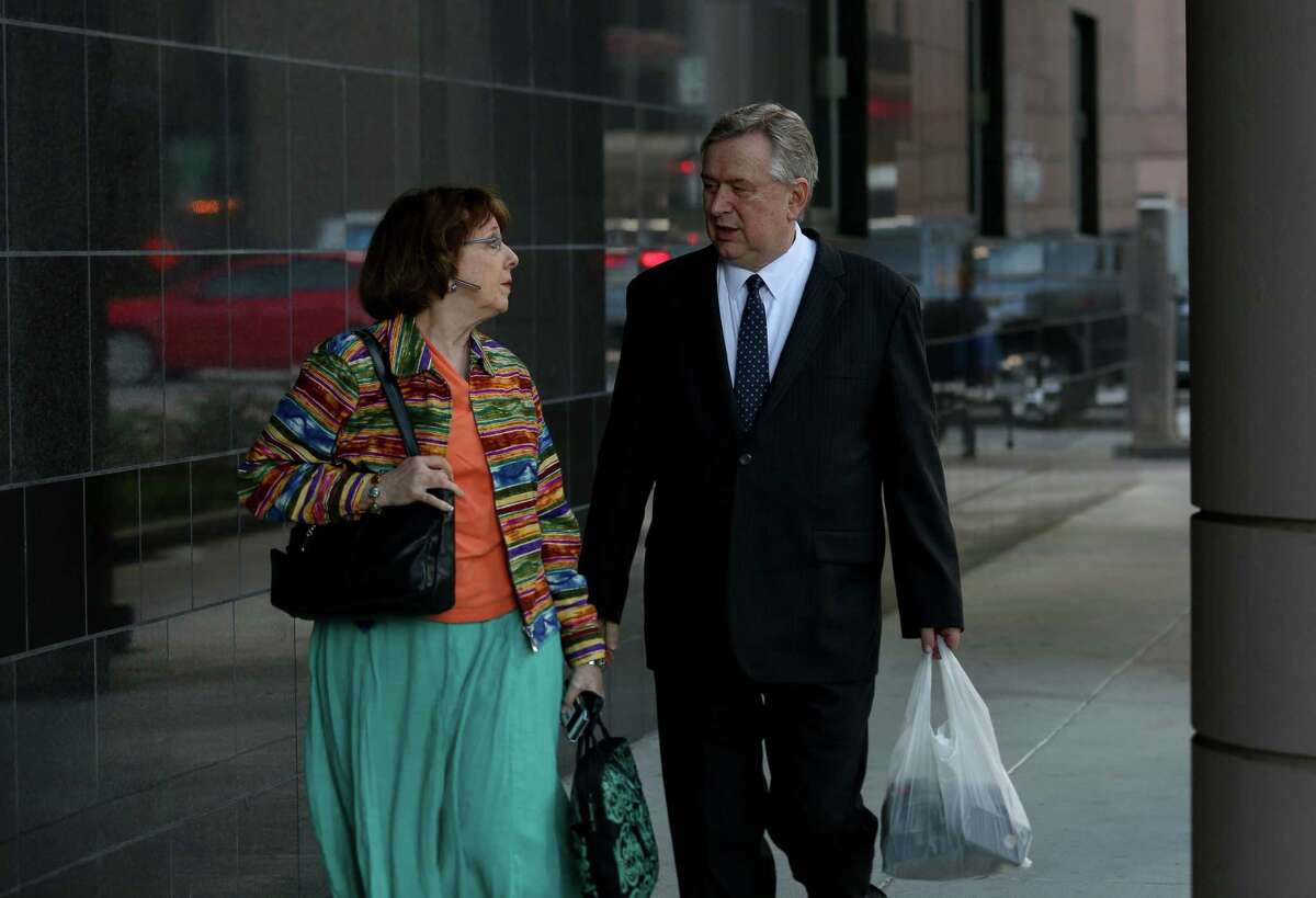Former U.S. Congressman Steve Stockman and his wife Patti Stockman walk into the Federal Courthouse for jury deliberation on the federal corruption charges against him Tuesday, April 10, 2018, in Houston.