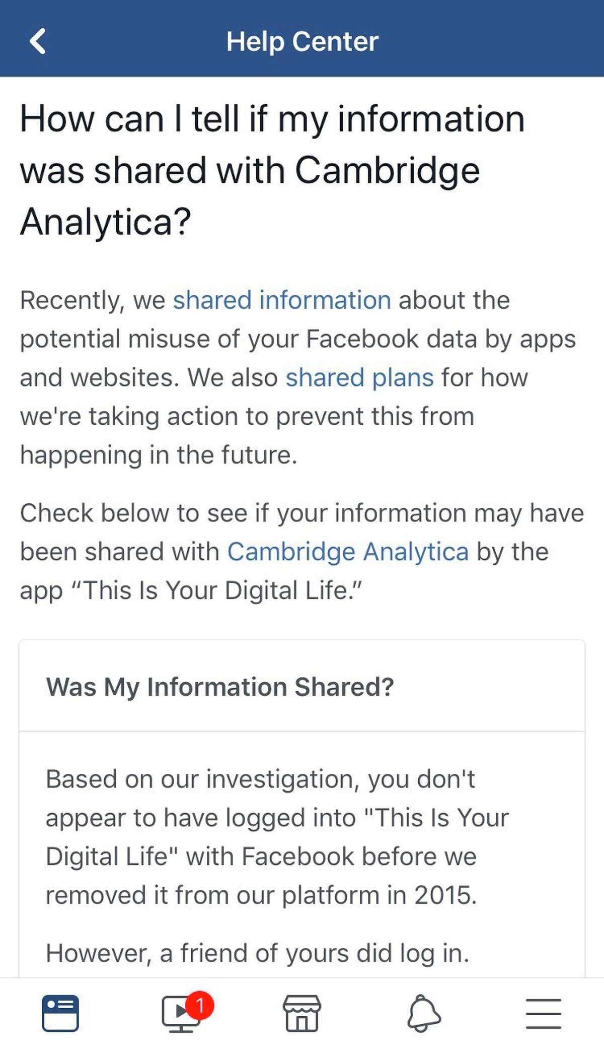 This image made from an iPhone shows a notification on the Facebook app on Tuesday, April 10, 2018, in Atlanta. Facebook said it would begin notifying users Monday if their data has been swept up in the Cambridge Analytica scandal. (Facebook via AP)