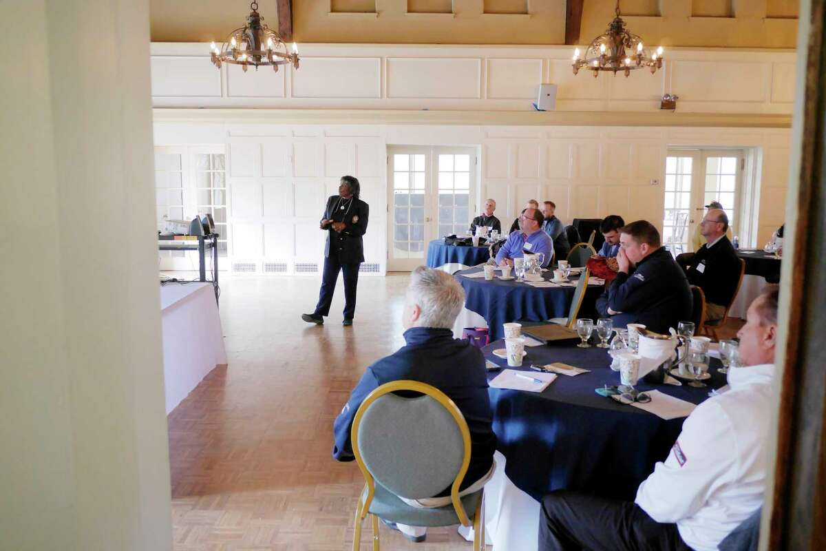 LPGA/PGA Pro Renee Powell talks to area PGA teaching professionals during an event at the Mohawk Country Club on Tuesday, April 10, 2018, in Schenectady, N.Y. Powell was the second African-American woman ever to play on the LPGA Tour. (Paul Buckowski/Times Union)