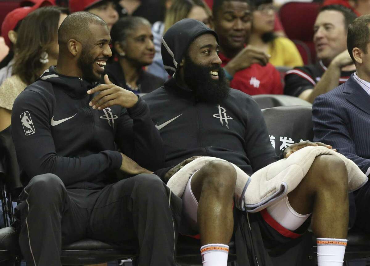 PHOTOS: Chris Paul's celebrity bowling night in Houston Houston Rockets players Chris Paul (3) and James Harden (13) share a laugh during the fourth quarter of the NBA game against the New Orleans Pelicans at Toyota Center on Saturday, March 24, 2018, in Houston. The Houston Rockets defeated the New Orleans Pelicans 114-91. ( Yi-Chin Lee / Houston Chronicle )