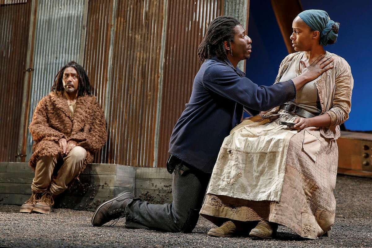 From left:�Gregory Wallace, James Udom and Eboni Flowers�in "Father Comes Home from the Wars (Parts 1, 2 & 3)," a coproduction between ACT and Yale Repertory Theatre.