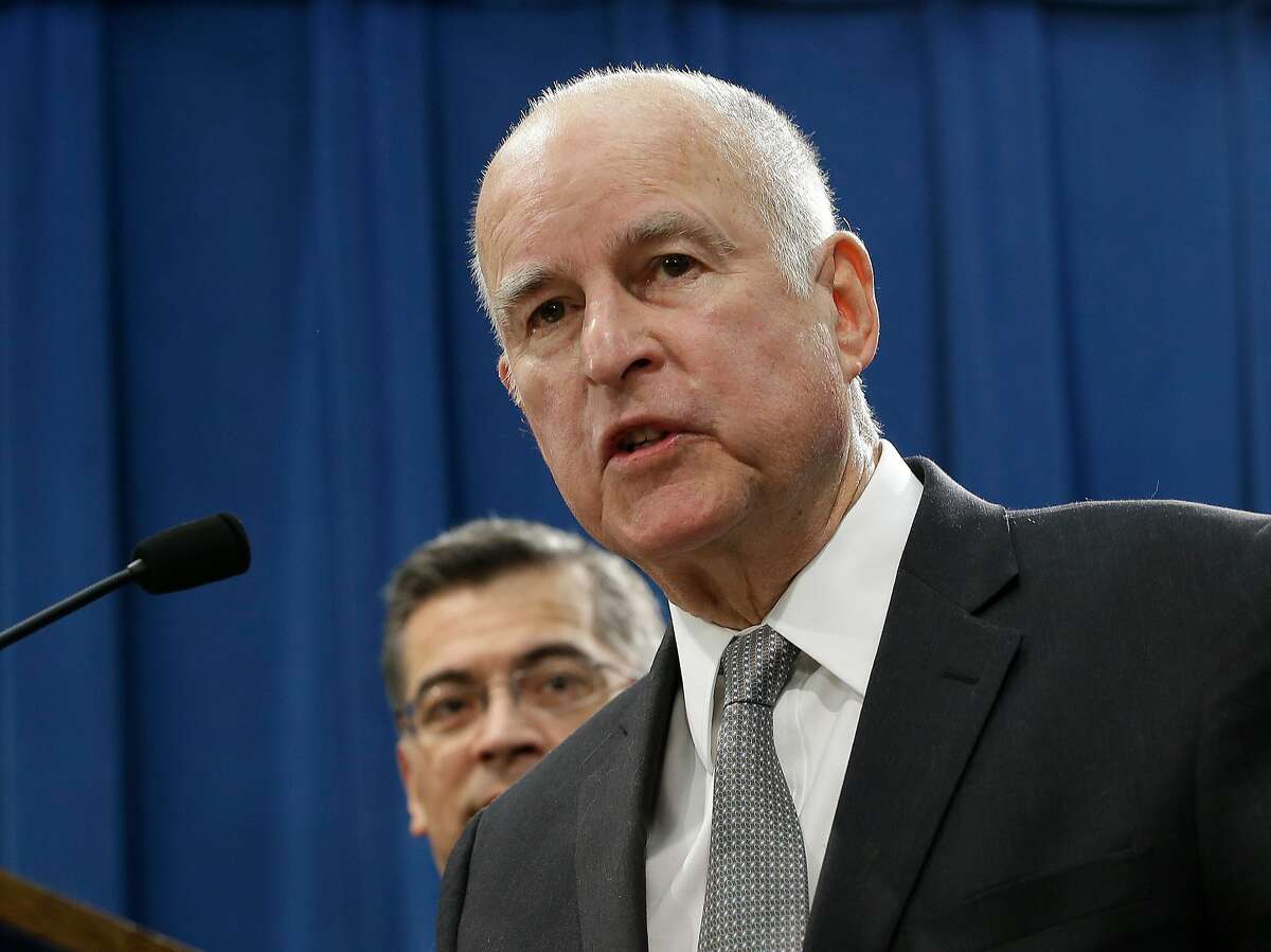FILE - In this Wednesday, March 7, 2018, file photo, California Gov. Jerry Brown speaks during a news conference in Sacramento, Calif. A week after Southern California’s largest water agency abandoned a plan to pay for much of the state’s ambitious water project, the funding proposal will be debated again. On Monday, April 9, 2018, Brown sent a letter urging the Metropolitan Water District board to back a two-tunnel plan, which he’s been supporting for years. (AP Photo/Rich Pedroncelli, File)