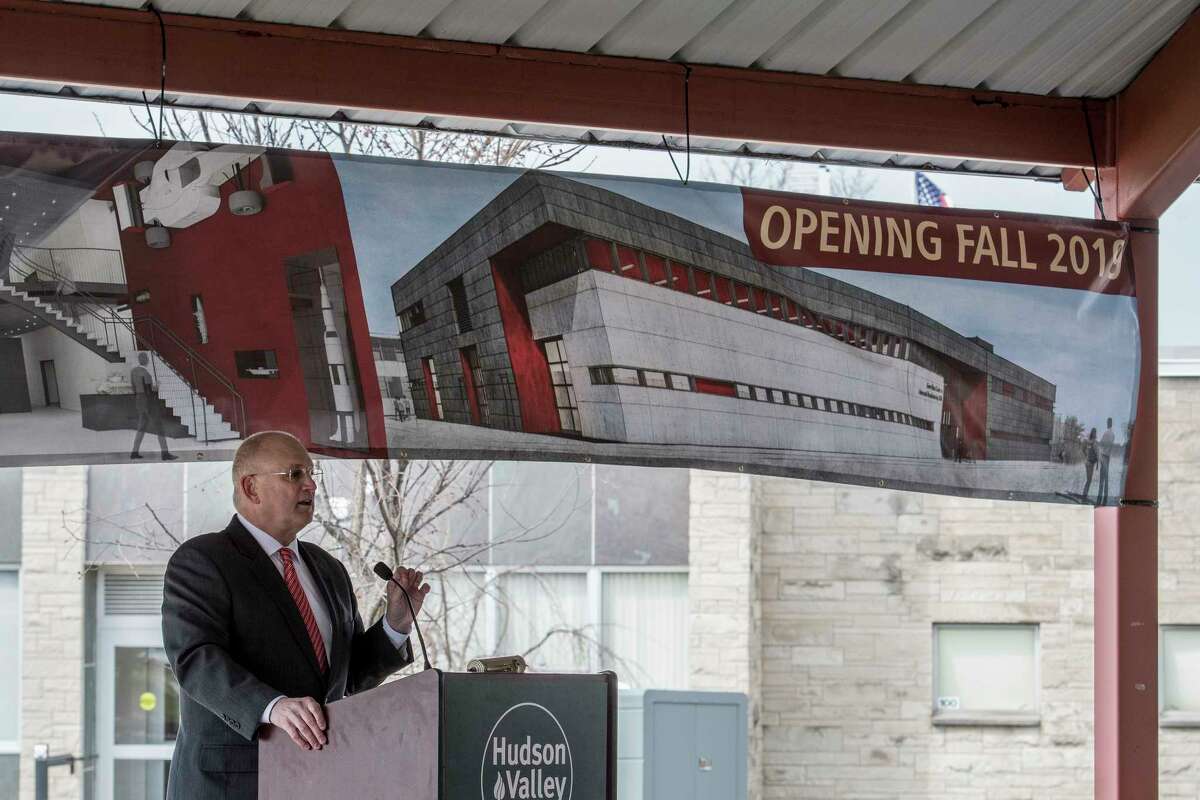 Dr. Andrew Matonak, president, speaks at the groundbreaking ceremony for the Gene F. Haas Center for Advanced Manufacturing Skills building at the Hudson Valley Community College Wednesday April 11, 2018 in Troy, N.Y. (Skip Dickstein/Times Union)