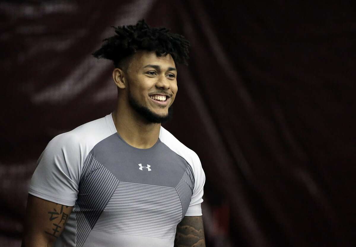 Boston College football defensive end Harold Landry steps on the field during BC Pro Day, Wednesday, March 21, 2018, in Boston. Pro Day is intended to showcase talent to NFL scouts for the upcoming draft. (AP Photo/Steven Senne)