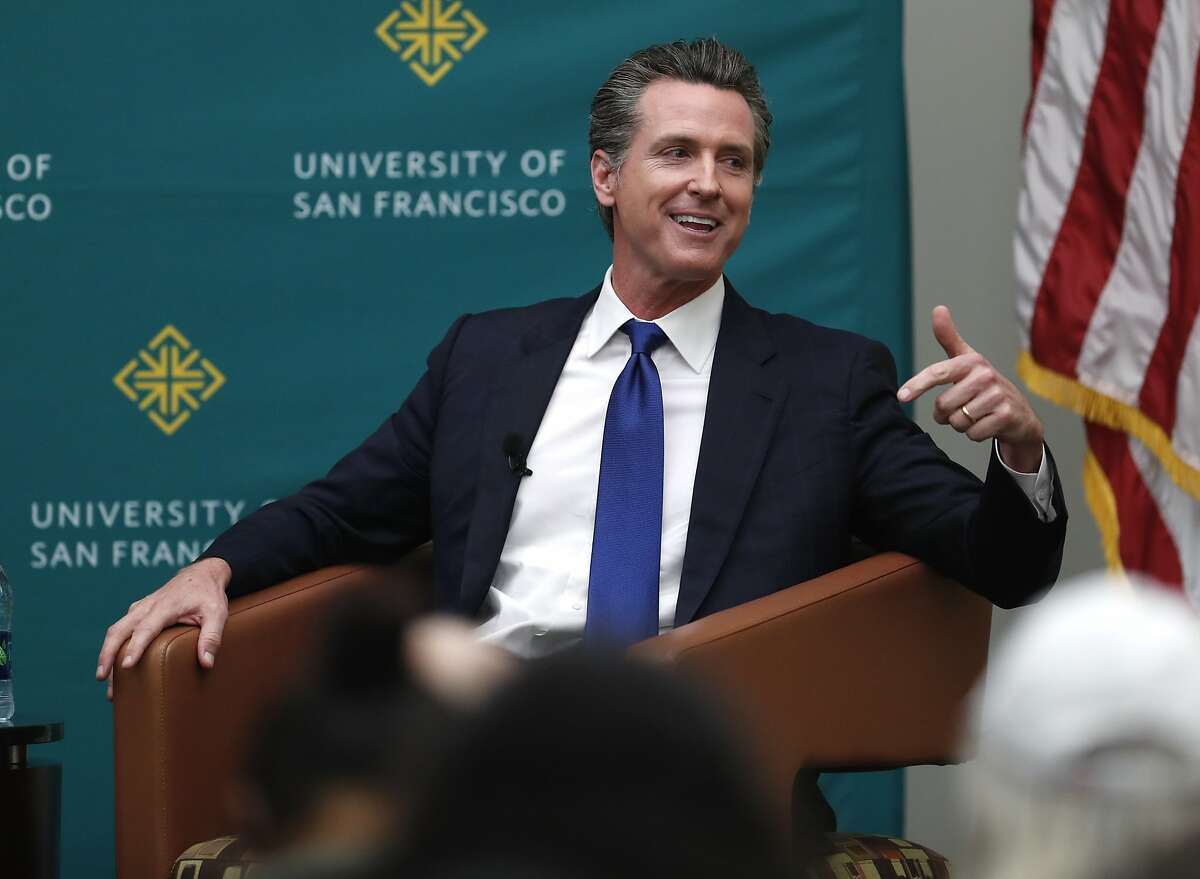 California Lt. Governor and Gubernatorial candidate Gavin Newsom is interviewed by Politco's Carla Marinucci at University of San Francisco in San Francisco, Calif., on Monday, February 5, 2018.