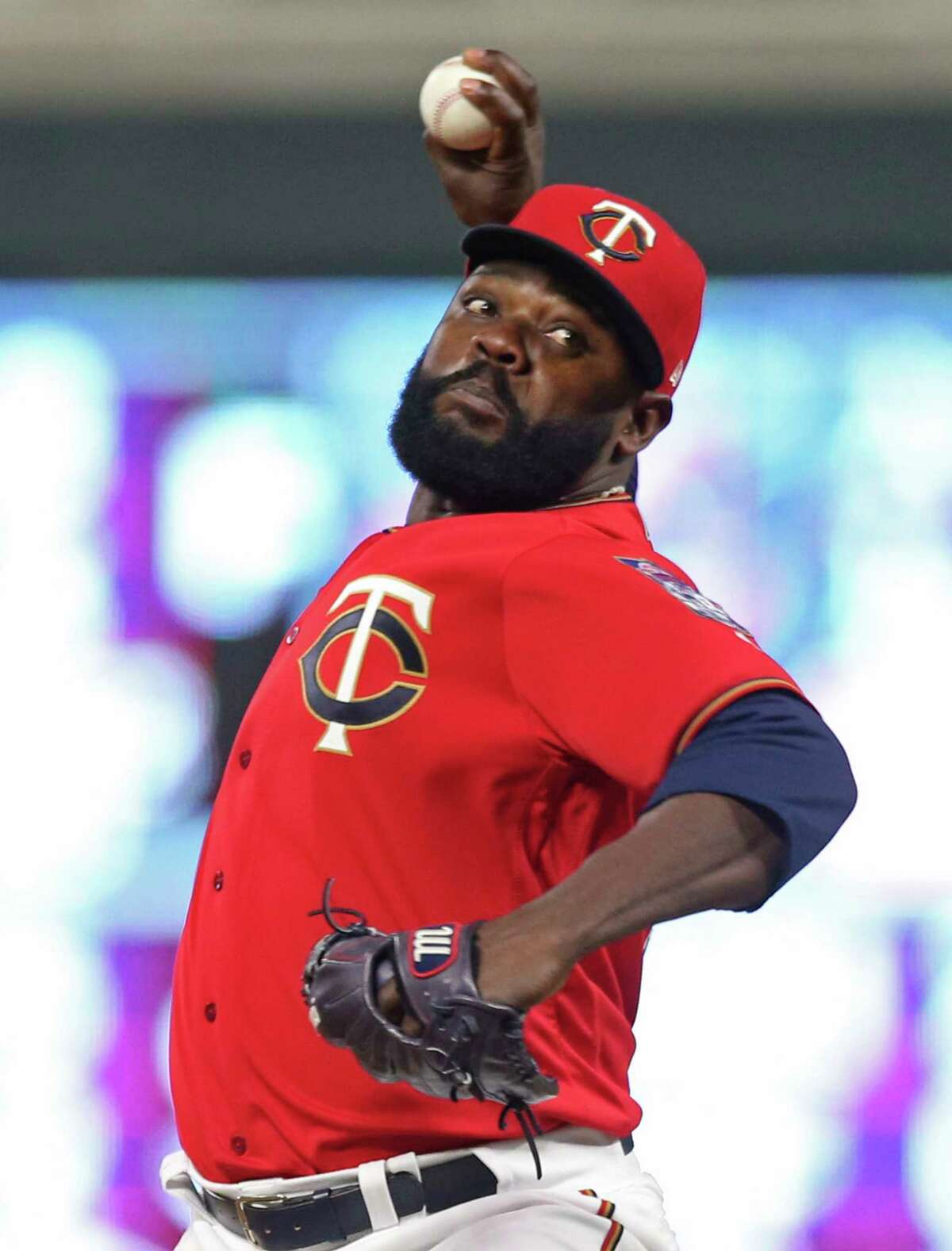 Minnesota Twins pitcher Fernando Rodney throws during the ninth inning of the team's baseball game against the Houston Astros on Tuesday, April 10, 2018, in Minneapolis. The Twins won 4-1. Rodney picked up the save. (AP Photo/Jim Mone)