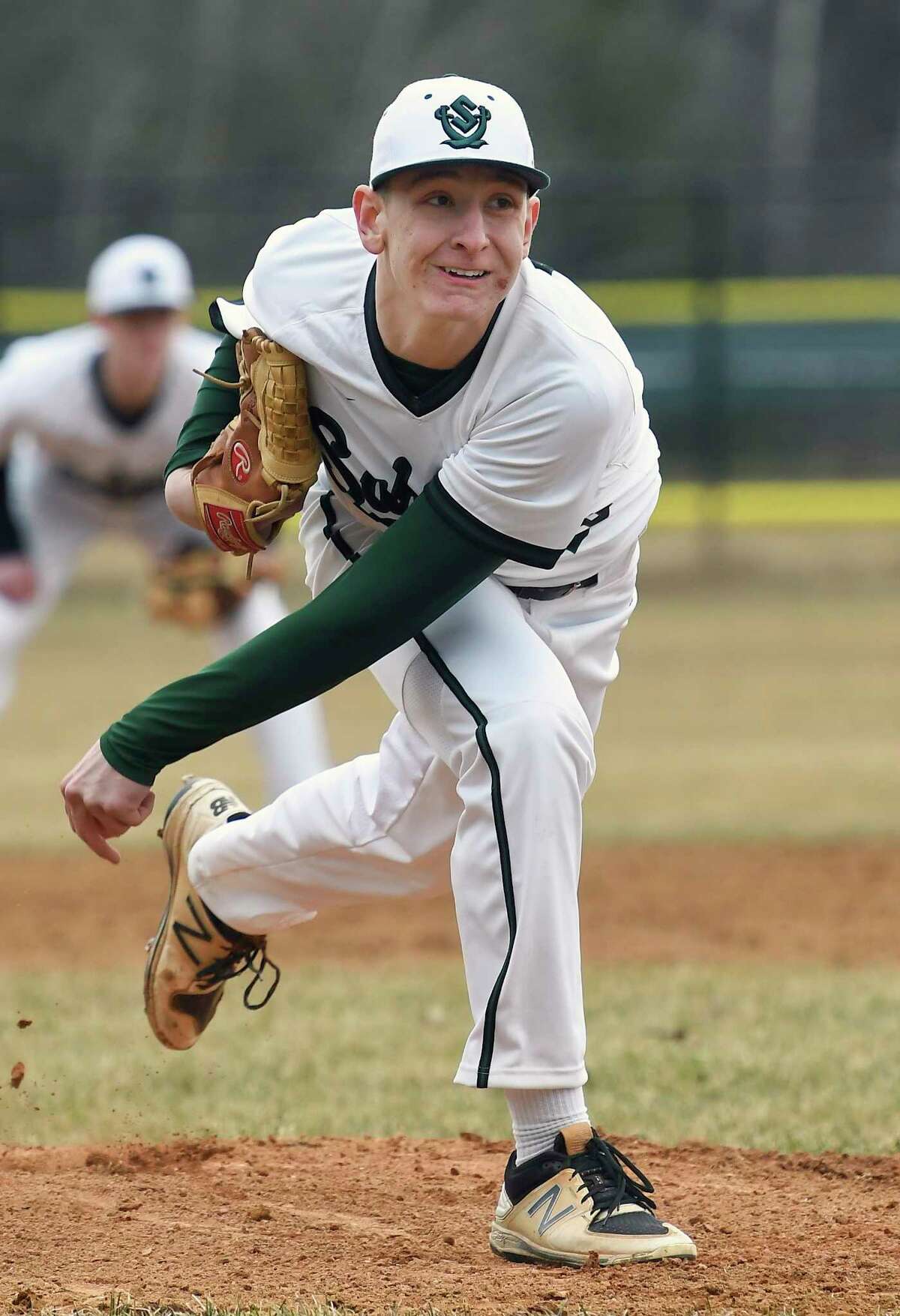 Schalmont's Christian Caputo (20) pitches against Voorheesville during a Section II high school baseball game Wednesday, April 11, 2017, in Rotterdam, N.Y. (Hans Pennink / Special to the Times Union)