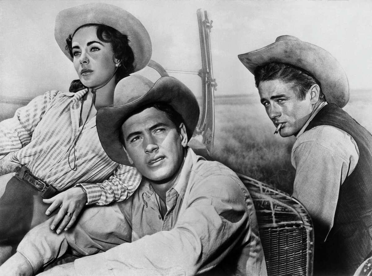 Actors James Dean, Elizabeth Taylor and Rock Hudson pose for a composite photo on the set of the Warner Bros film “Giant” in 1955 in Marfa, Texas.