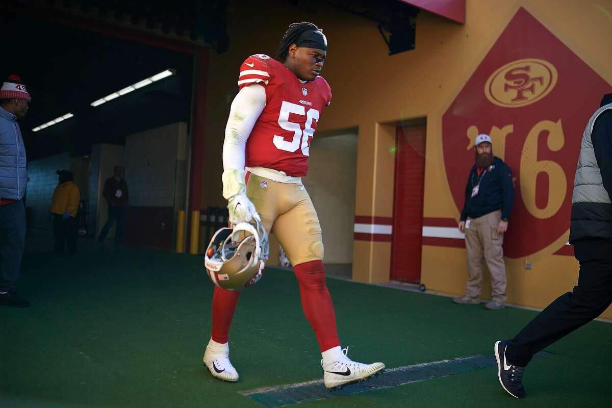 San Francisco 49ers outside linebacker Reuben Foster (56) walks onto the field during an NFL game between the Arizona Cardinals and the San Francisco 49ers on November 5, 2017 at Levi's Stadium in Santa Clara, CA.