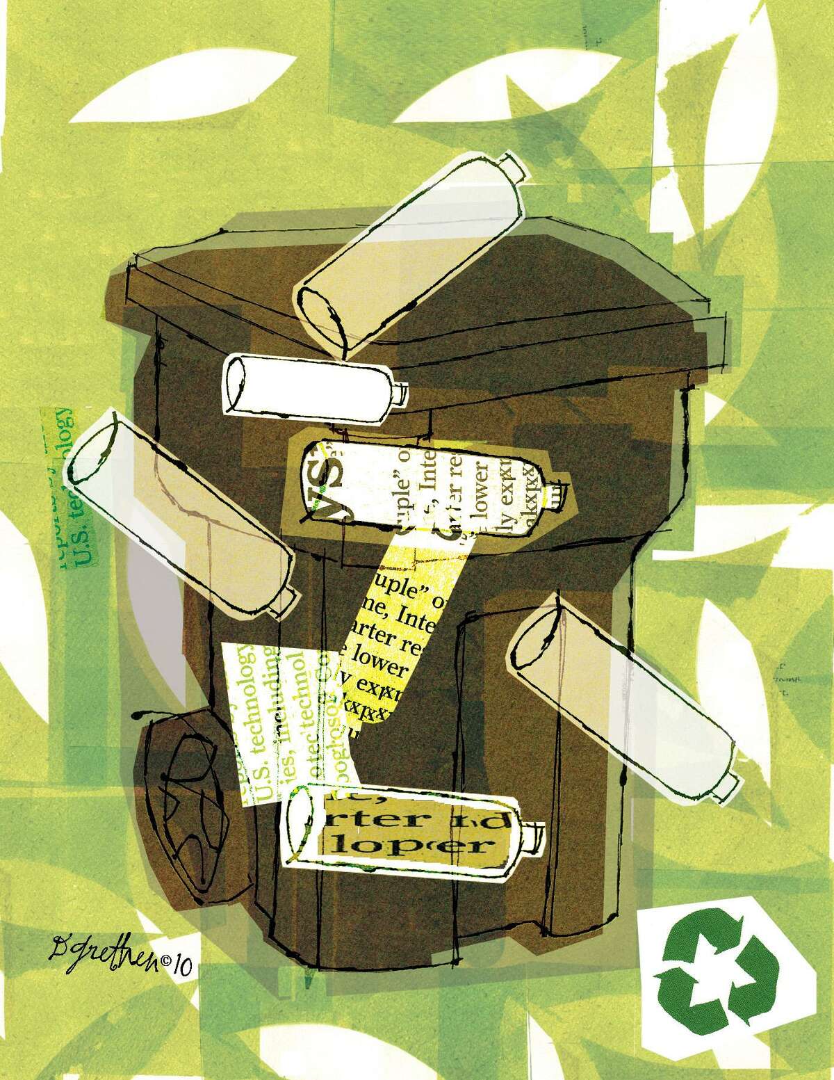 This artwork by Donna Grethen relates to recycling.