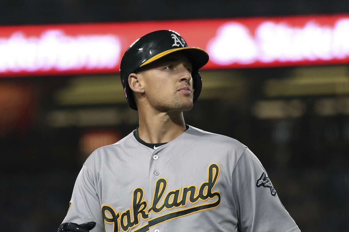 Oakland Athletics' Trayce Thompson in action during a baseball game against the Los Angeles Dodgers, Wednesday, April 11, 2018, in Los Angeles. (AP Photo/Michael Owen Baker)