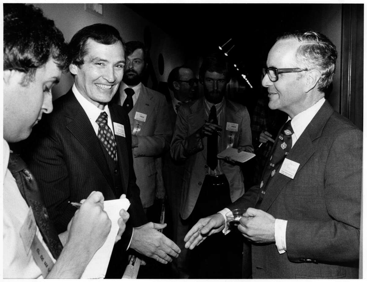 Paul Pressler, right, is shown with Adrian Rogers in 1979 after Rogers was elected president of the Southern Baptist Convention at its annual meeting in Houston.