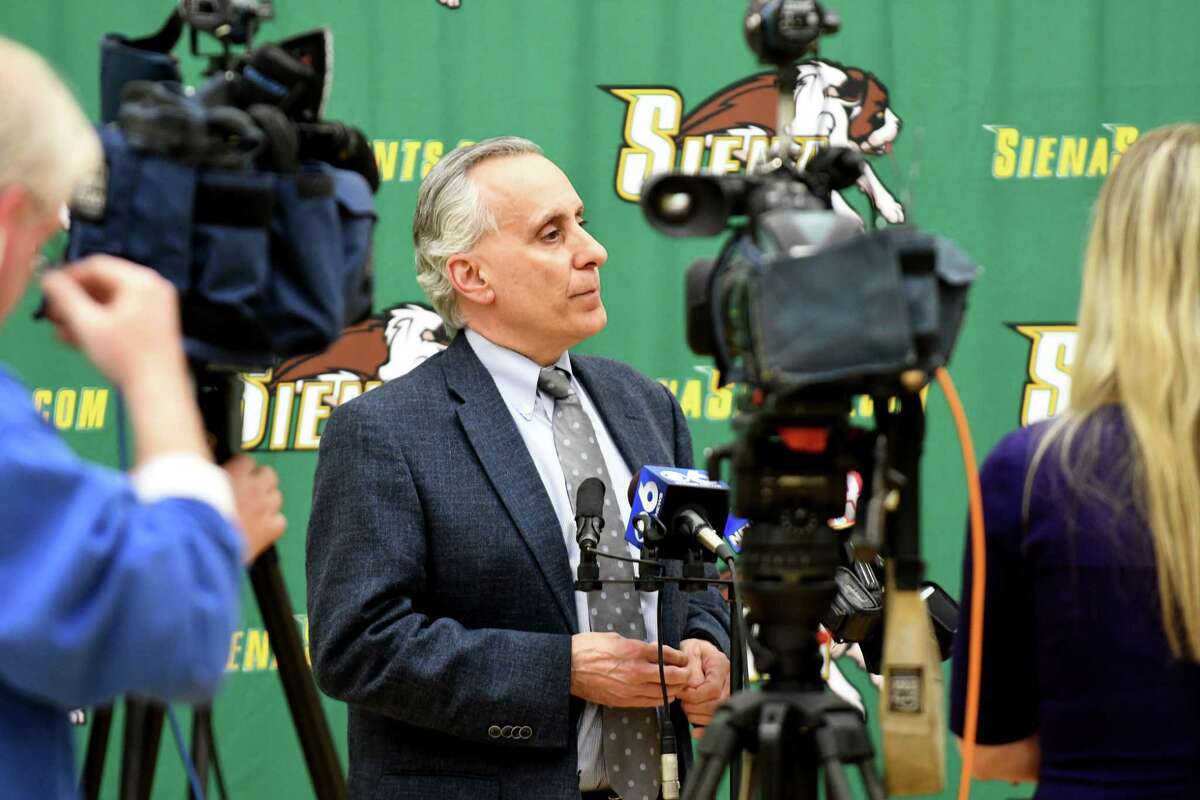 John D'Argenio, Siena College vice president and director of athletics, comments on the school's decision to part ways with coach Jimmy Patsos on Friday, April 13, 2018, during a press conference at Siena College in Colonie N.Y. (Will Waldron/Times Union)