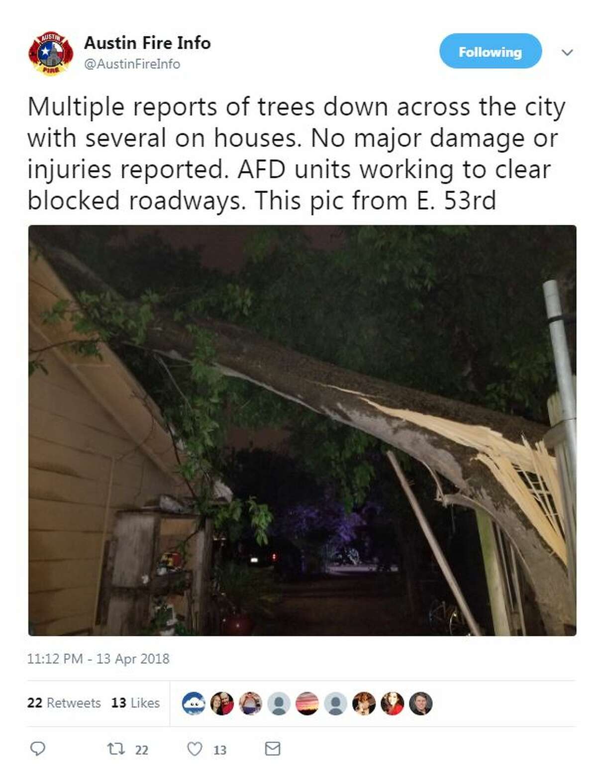 Photos of storm damage in Austin and pea size hail were shared on social media Friday April 13, 2018.