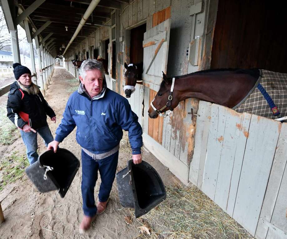 Oklahoma Training Center opened Monday morning but horses and trainers fell a morning chill that might make it difficult to picture the upcoming racing season at Saratoga Race Course. Photo: Skip Dickstein / Times Union