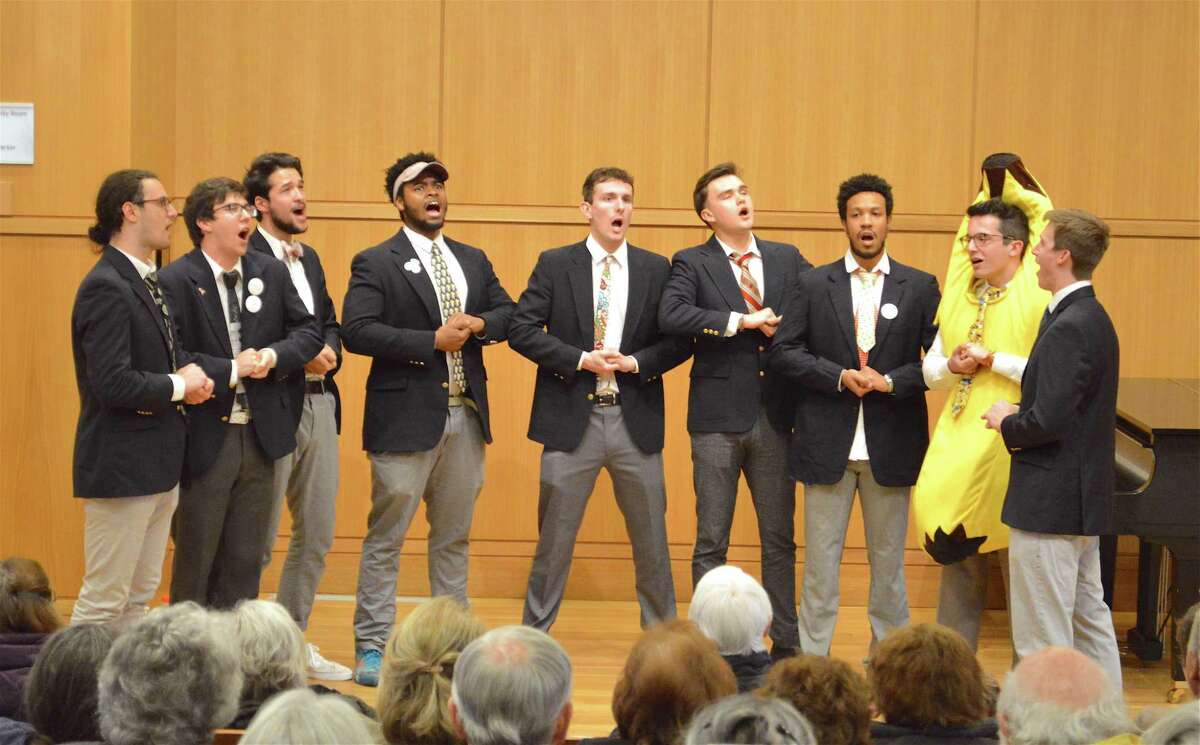 Nine members of the 11-member ensemble were in town at the performance of Amherst College's a cappella group The Zumbyes, at Darien Library, Sunday, April 15, 2018, in Darien, Conn.