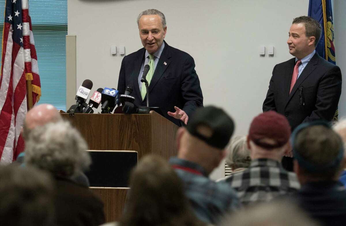 Senator Charles Schemer made a visit to the Glenville Senior Citizens Center to talk to the assembly about the wait times at Social Security offices Monday April 16, 2018 in Glenville, N.Y. (Skip Dickstein/Times Union)