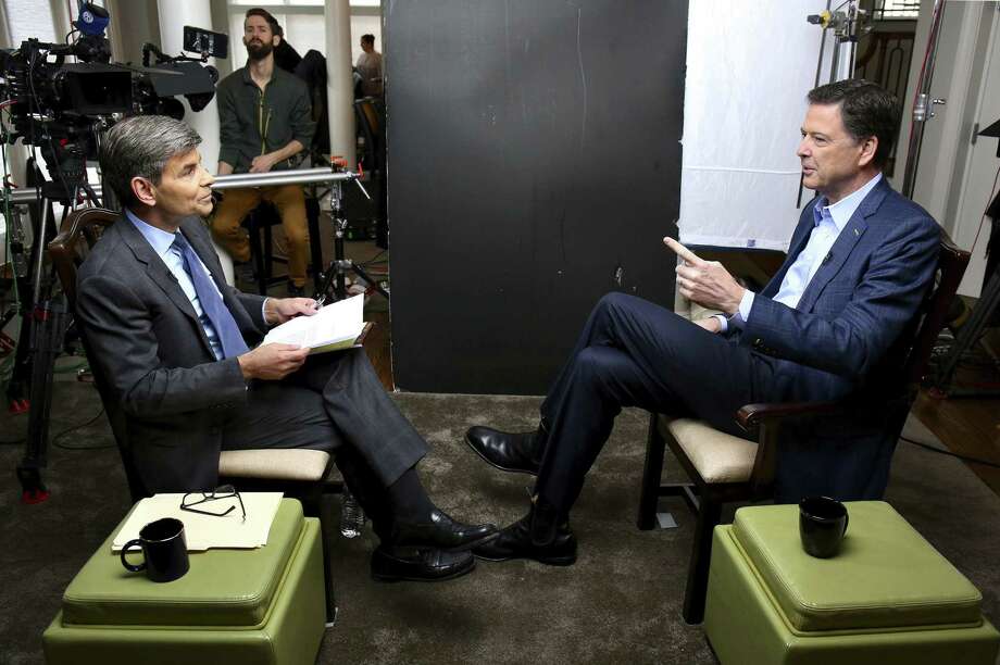 In this image released by ABC News, correspondent George Stephanopoulos, left, appears with former FBI director James Comey for a taped interview that will air during a primetime "20/20" special on Sunday, April 15, 2018 on the ABC Television Network. Comey's book, "A Higher Loyalty: Truth, Lies, and Leadership," will be released on Tuesday. (Ralph Alswang/ABC via AP) Photo: Ralph Alswang / Associated Press / ©2018 American Broadcasting Companies, Inc. All rights reserved.