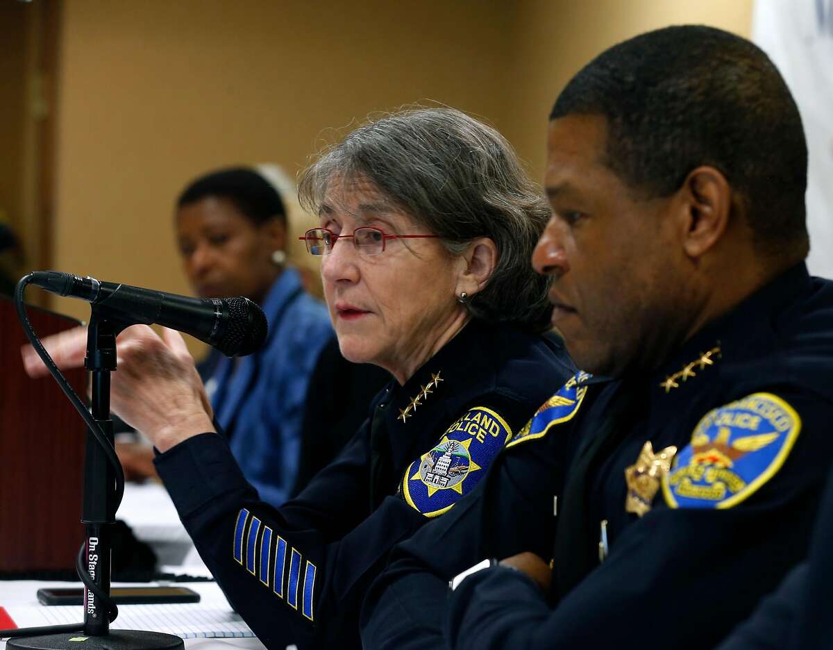 Oakland police chief Anne Kirkpatrick and San Francisco police chief Bill Scott discussing officer- involved shootings. Policing experts say the Trump administration has abandoned its responsibility to devise reforms for law enforcement agencies, including San Francisco.