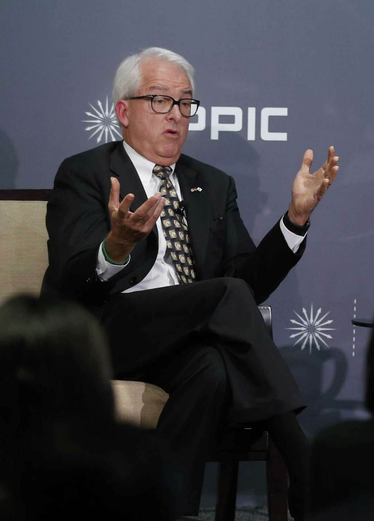 John Cox (left), a Republican candidate in the California gubernatorial race, meets in conversation with Public Policy Institute of California CEO Mark Baldassare in San Francisco, Calif. on Thursday, Dec. 7, 2017.