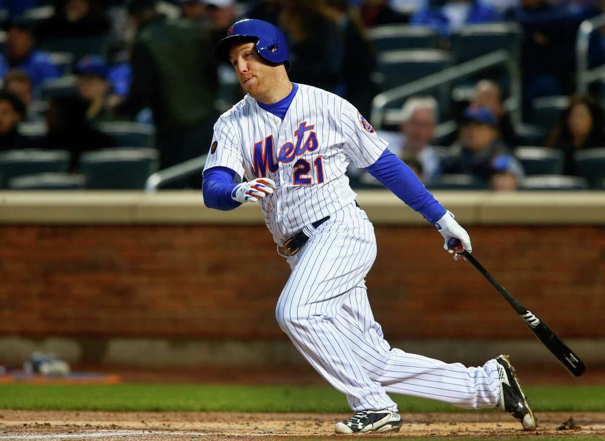 NEW YORK, NY - APRIL 16: Todd Frazier #21 of the New York Mets follows through on a first inning RBI single against the Washington Nationals at Citi Field on April 16, 2018 in the Flushing neighborhood of the Queens borough of New York City. (Photo by Jim McIsaac/Getty Images)