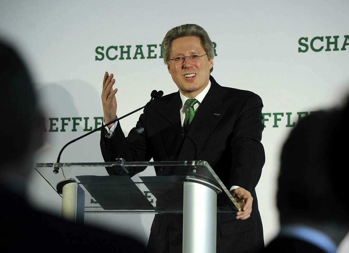 Georg F. W. Schaeffler, chairman of the supervisory board of Schaeffler AG, addresses a an event at its Danbury facility celebrating 75 years in business. Schaeffler, is a family-owned manufacturer of precision components and systems for automotive, industrial and aerospace sectors.