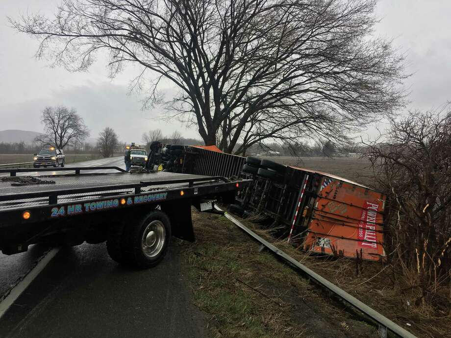 A gust of hurricane-force wind flipped a truck on Route 22 in Copake. Photo: Columbia County Sheriff's Office