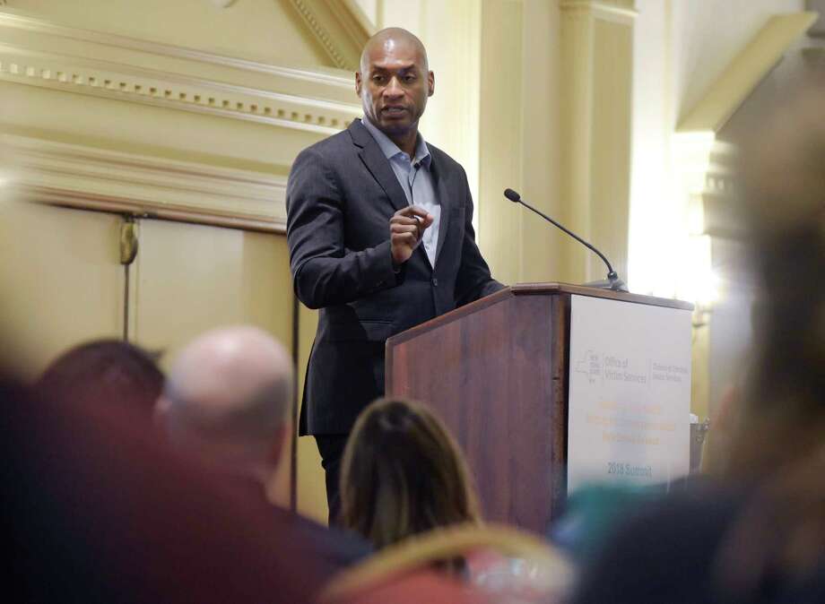 New York Times op-ed columnist Charles Blow addresses those gathered for the Seeking Solutions: Starting the Conversation about Male Sexual Assault conference at the Desmond Hotel on Tuesday, April 17, 2018, in Albany, N.Y.    (Paul Buckowski/Times Union) Photo: PAUL BUCKOWSKI, Albany Times Union / (Paul Buckowski/Times Union)