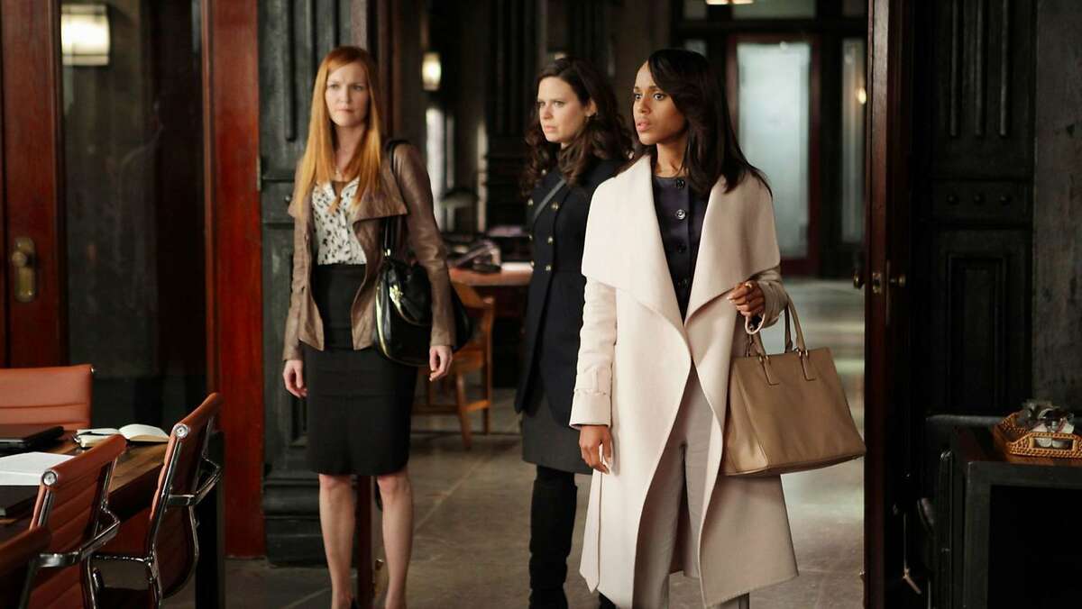 Darby Stanchfield, left, Katie Lowes and Kerry Washington in a scene from "Scandal," which is set to air its series finale in April. (ABC)