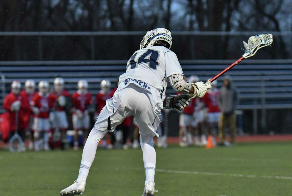 FCIAC lacrosse action between the Staples Wreckers and the Greenwich Cardinals played at Staples High School on Tuesday April 17, 2018, in Westport, Connecticut.