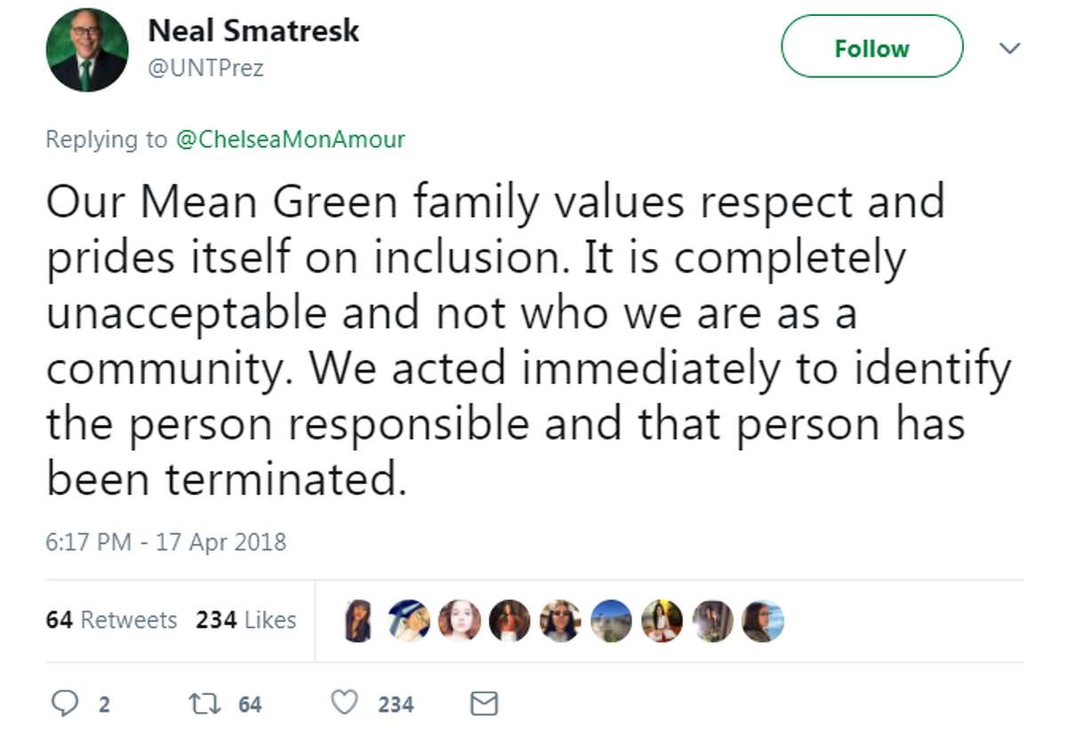 A student cook at the University of North Texas has been fired after he typed a racial obscenity on a customer's receipt. The tweet prompted a swift response from the university's president Neal Smatresk. Swipe through to see other race-related incidents in Texas.