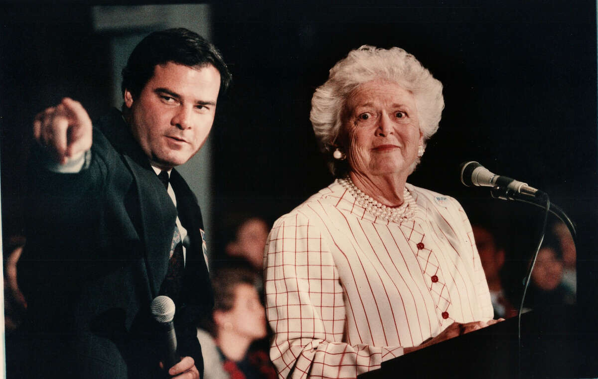 Former Gov. John G. Rowland, who was running for that office in 1992, is joined by Barbara Bush in Stamford. New Haven Register / Hearst Connecticut Media file photo