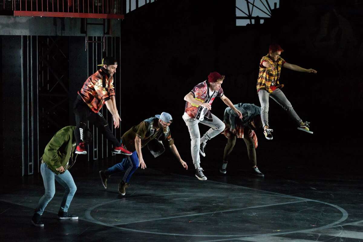 Brian Vu, Riff; Steven Paul Blandino, Anxious; Connor McRory, Action; Taylor Simmons, Luis; PJ Palmer, A-Rab; Emilio Ramos, Indio in the Houston Grand Opera’s production of “West Side Story.”