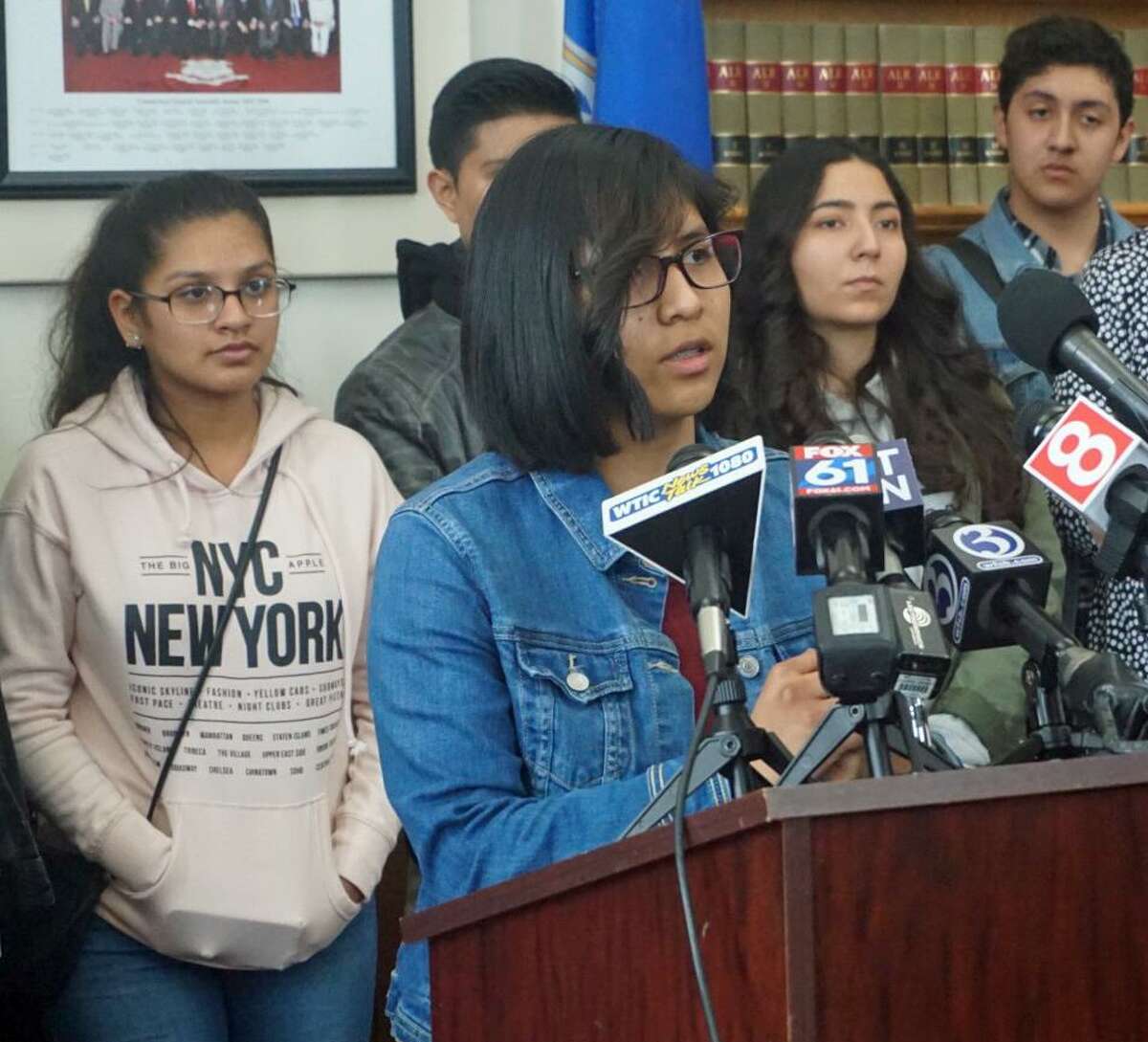 Najely Clavijo, an undocumented student at Danbury High School, has been advocating for the state to open financial aid to dreamers for two years. She spoke at the Capitol in Hartford, Conn. on Wednesday, April 18, 2018.