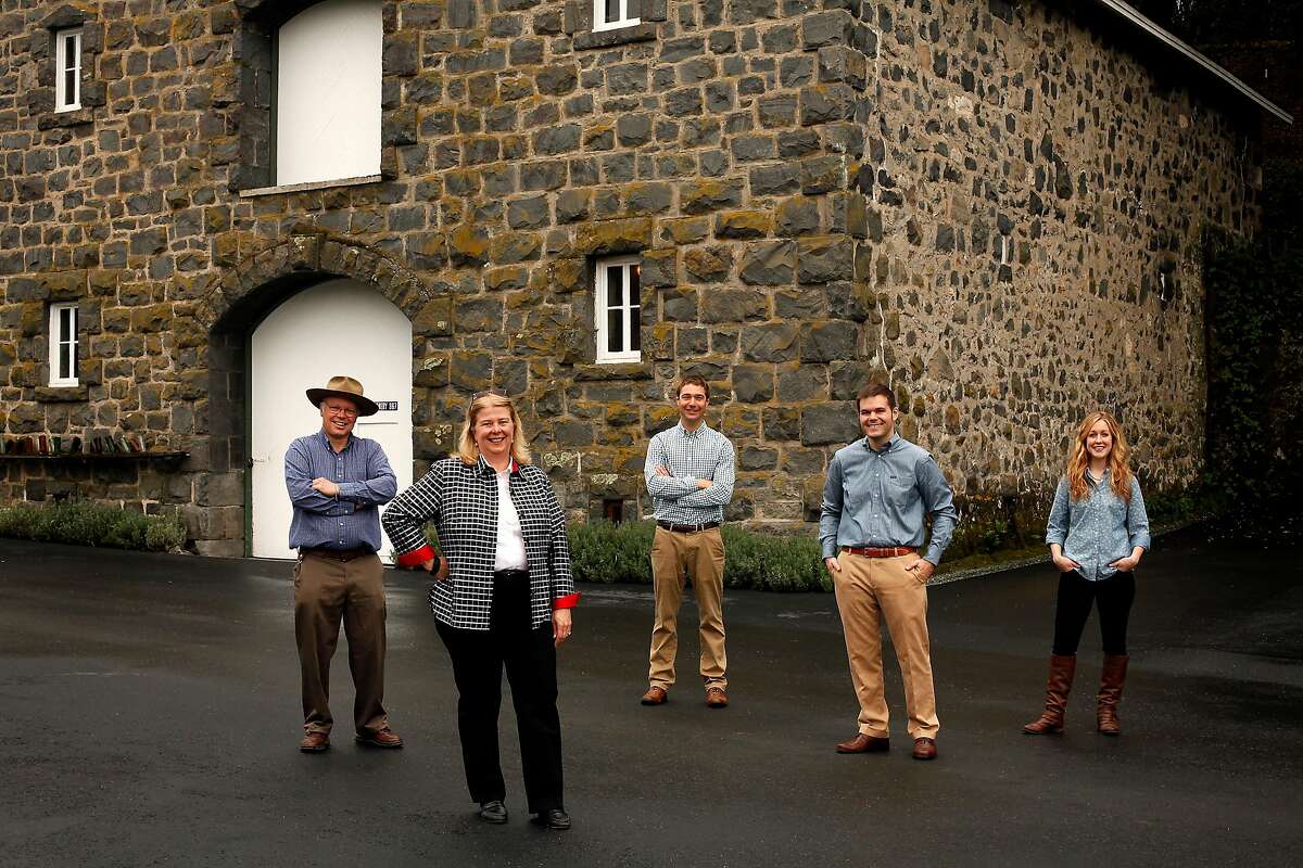 From left, David Heitz, his sister Kathleen Heitz Myers, Eric White, Harrison Heitz, and Brittany Dibb at Heitz Cellar in St. Helena, Calif., on Tuesday, March 4, 2014.
