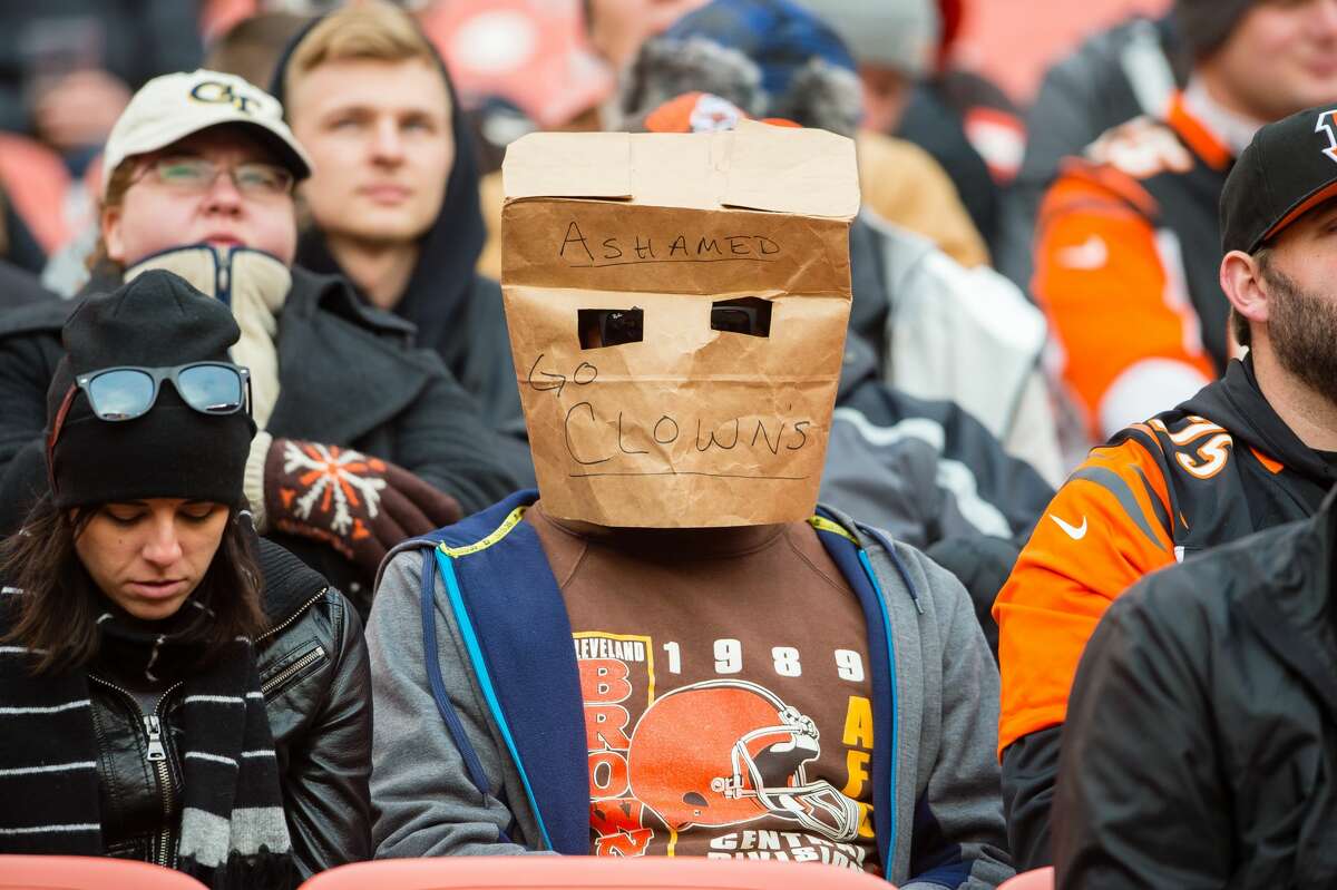 CLEVELAND, OH - DECEMBER 6: A Cleveland Browns fan expresses their disappointment with the team during the second half against the Cincinnati Bengals at FirstEnergy Stadium on December 6, 2015 in Cleveland, Ohio. The Bengals defeated the Browns 37-3. (Photo by Jason Miller/Getty Images)